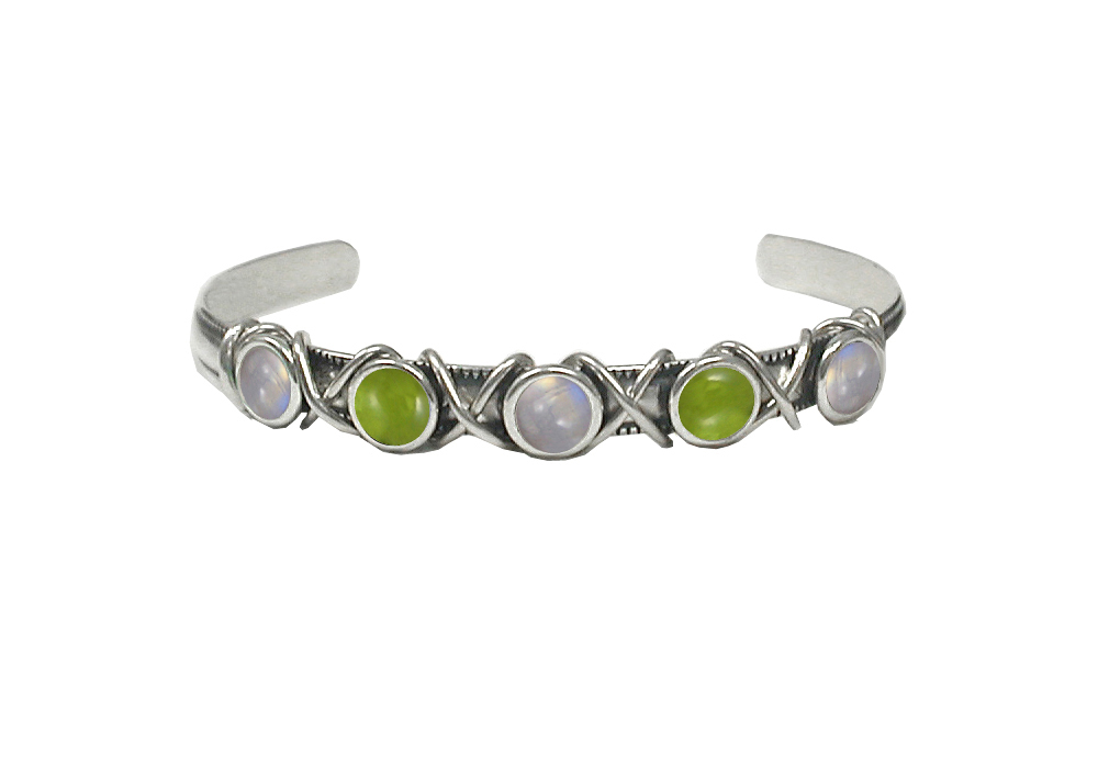 Sterling Silver Cuff Bracelet With Rainbow Moonstone And Peridot